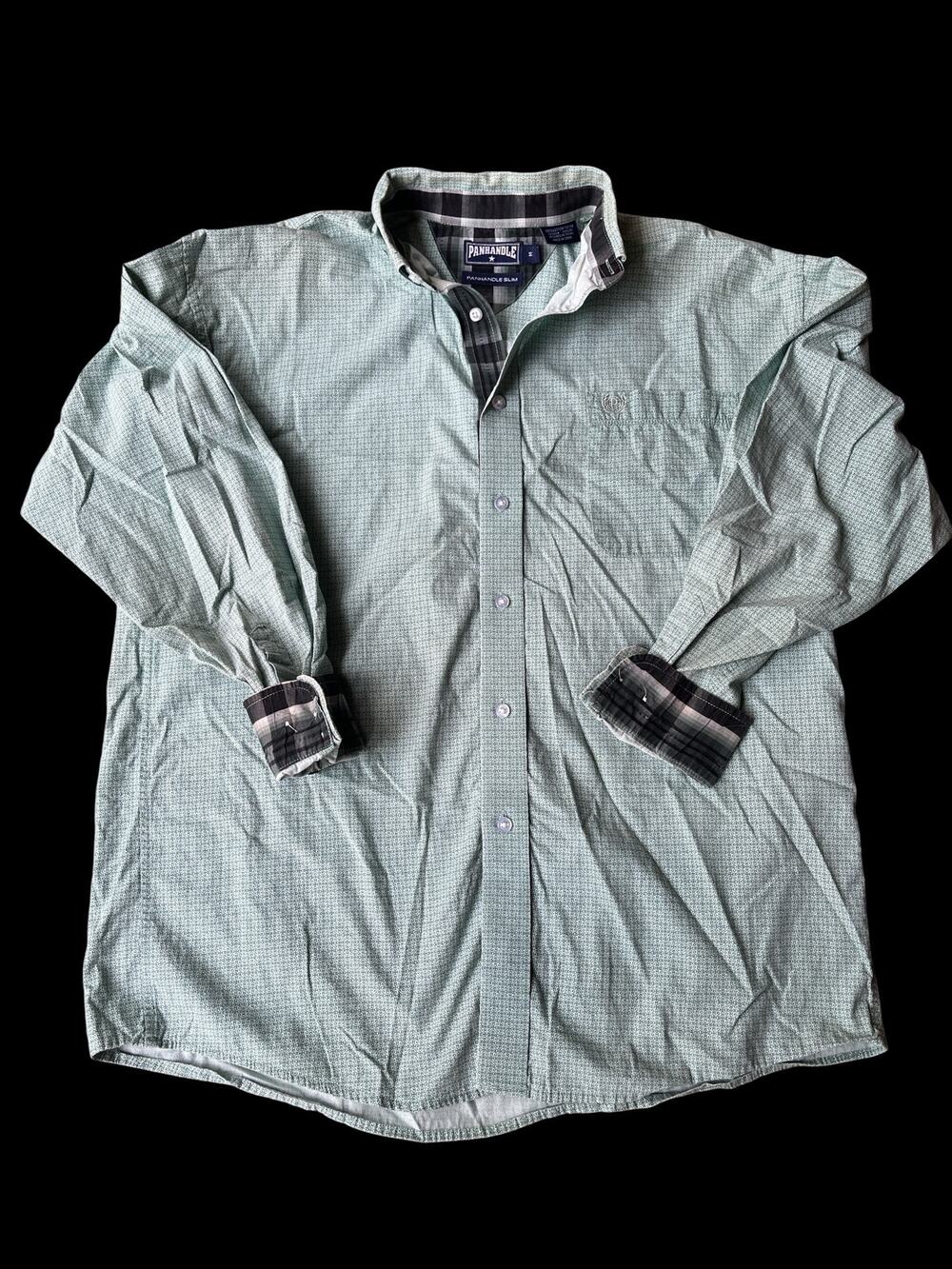 Panhandle Slim Shirt/Button-Men-M-Green/Plaid cuffs/Button Placket-L Sleeve-36